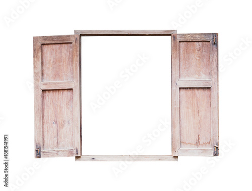Openen wooden vintage window with frame isolated PNG.