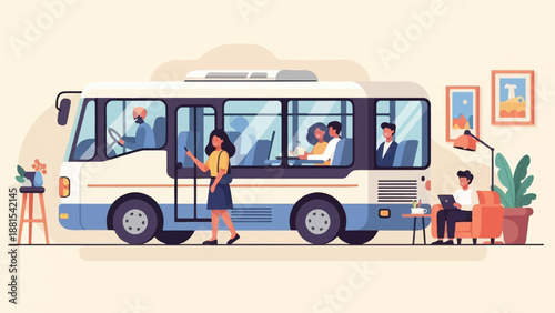 People boarding a bus and relaxing indoors with technology and art