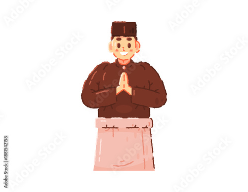 Illustration of a Muslim man giving a greeting. The man is wearing a sarong and a songkok. Indonesian or Malay man. Facial expressions, poses, and gestures. Illustration of a person. Flat outline 