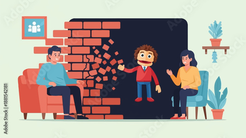 People breaking brick wall, puppet character connecting them