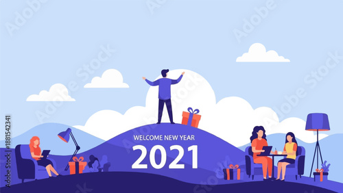 People celebrate the new year 2021 with gifts, indoors and outdoors