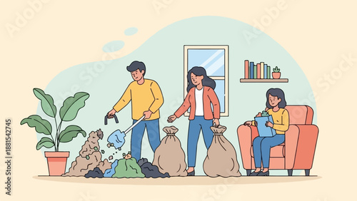 People cleaning indoor plants and bagging debris while someone relaxes