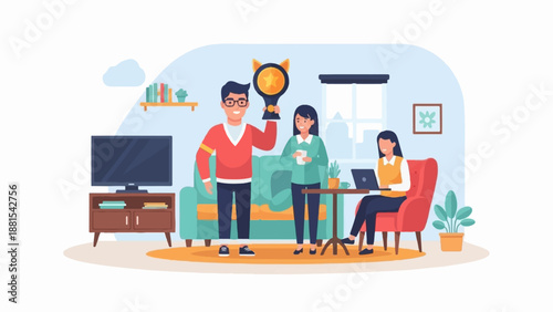 People celebrating success and working in a modern living room