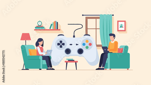 People in living room with large game controller and laptops