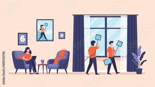 People cleaning window and person working on laptop in living room