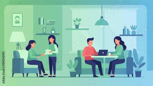 People collaborating in a modern workspace with laptops and documents