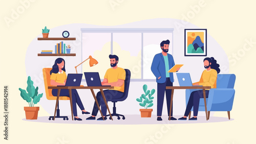 People collaborating in a modern office space, using laptops and discussing work