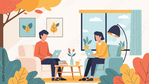 People working on laptops indoors near a window with plants and autumn foliage