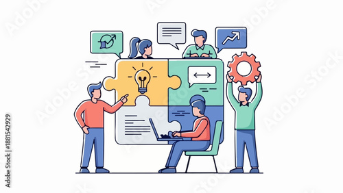 People collaborating on a jigsaw puzzle with a laptop and gear