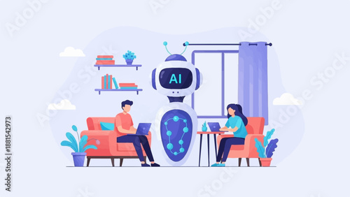 People interact with an AI robot in a cozy living room setting