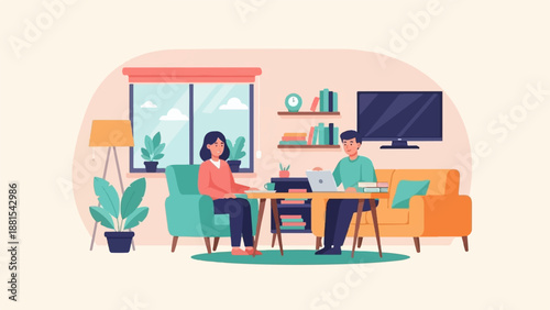 People collaborating on a laptop at a desk in a cozy home office