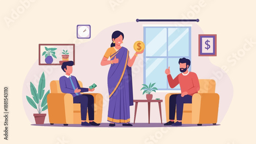 People discussing finances in a cozy room with plants