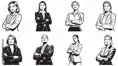 Professional business women portraits with crossed arms for corporate leadership team management and female entrepreneurship startup branding resources.