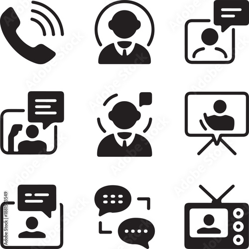 Black and white communication icons set including phone call video chat and television