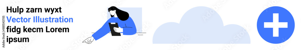 Fototapeta premium Cloud computing, data storage, digital services, technology solutions, online collaboration, information sharing. A person pointing towards a cloud and plus symbol. Cloud computing and data storage