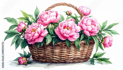 Beautiful Pink Peonies in a Wicker Basket.