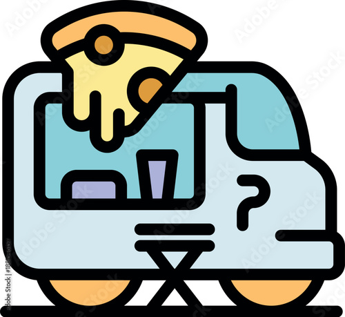 Food truck serving pizza and drinks with a small outdoor table