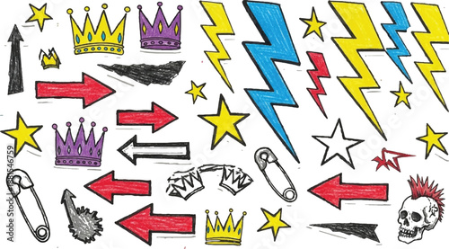 Hand drawn doodle set with colourful hearts and lightning bolts in playful cartoon style