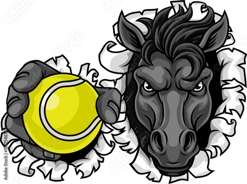 Horse mustang bronco stallion angry tennis sports team mascot holding a ball.