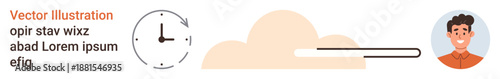 Time management, cloud storage, digital workflow, data upload, user interface, organized planning. Image features a clock, a progress bar and a character. Time management and cloud storage concept