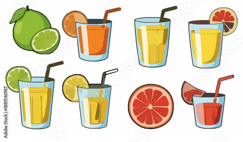 Flat citrus juice drink vector icons with glasses and fruit slices isolated on white