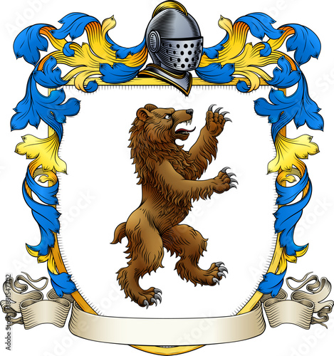 A bear coat of arms or crest family heraldry medieval heraldic animal knight shield. With helmet and acanthus filigree scroll ornament in a vintage woodcut style.
