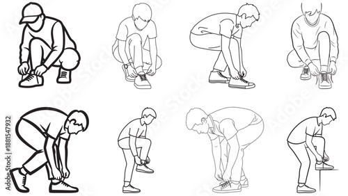 Diverse people tying shoelaces sequence for fitness wellness programs and sports equipment retail business marketing resources for healthy lifestyle branding.