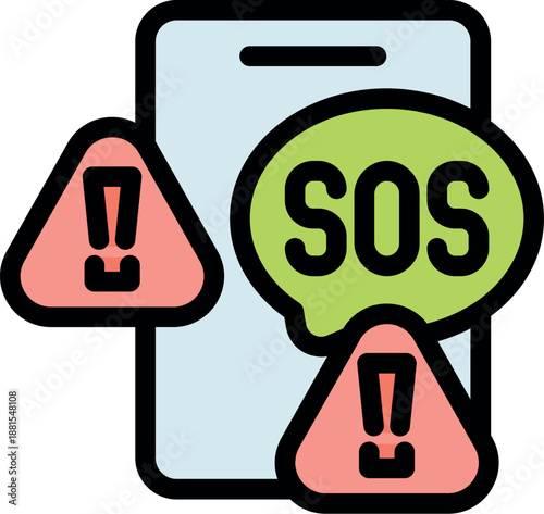 Smartphone is displaying an sos message with warning signs, indicating an emergency situation requiring immediate attention