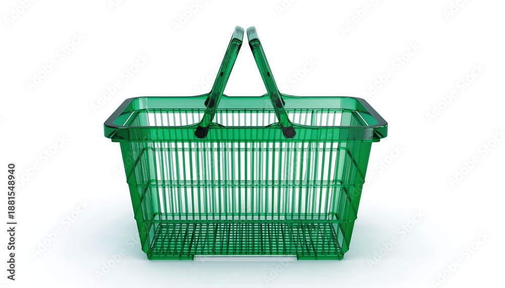 Fototapeta premium Transparent green shopping basket on a white backdrop, front view
