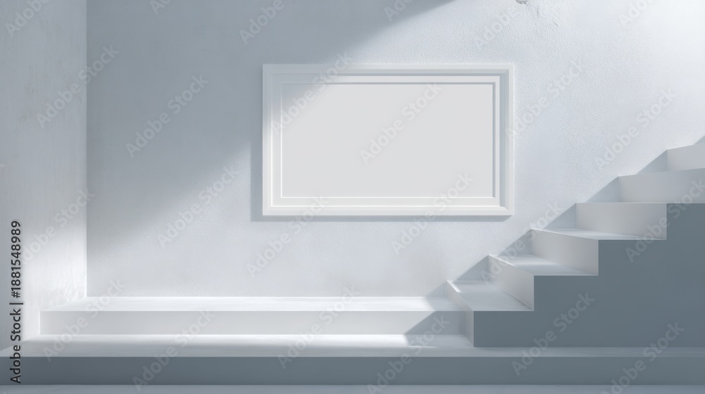 Fototapeta premium Ascension and Display: A pristine blank frame hangs on a smooth wall, illuminated by soft shadows, with clean staircase leading upwards, creates a serene space ready for personalization