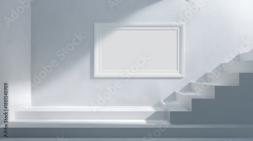 Wallpaper Mural Ascension and Display: A pristine blank frame hangs on a smooth wall, illuminated by soft shadows, with clean staircase leading upwards, creates a serene space ready for personalization Torontodigital.ca