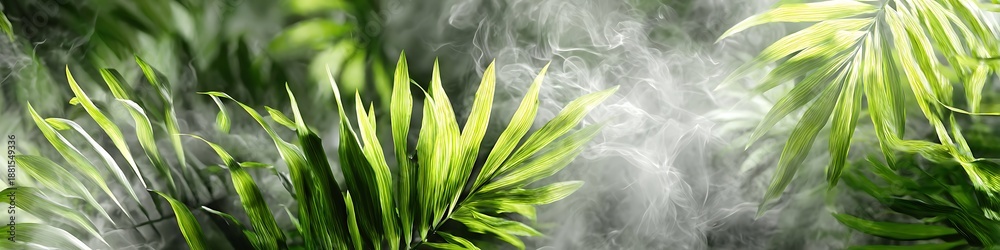 Obraz premium Translucent jungle leaves glowing in soft neon green and white mist