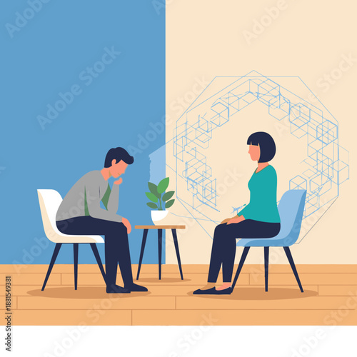 Professional therapy session illustration: a man discusses mental health with a female psychologist, seeking emotional support and psychological well-being.