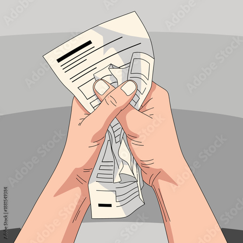 Hands crumpling a document, representing frustration, anger, or failure in business or personal life.