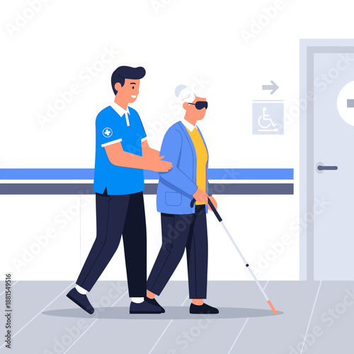 Caring male nurse gently guiding an elderly blind woman with a white cane through a bright hospital corridor.