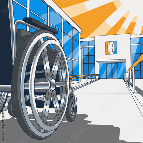 Wheelchair ramp leading to modern hospital entrance with sunburst background, symbolizing healthcare and accessibility.