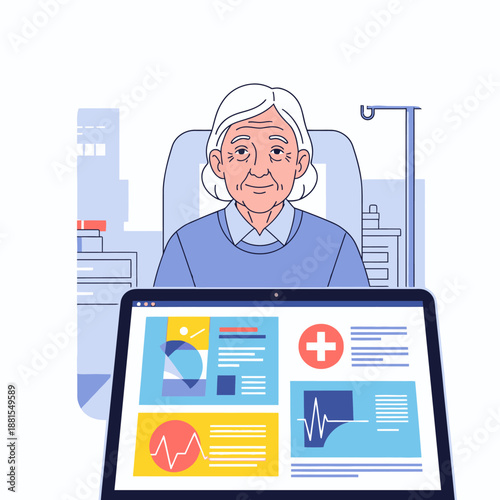 Elderly patient using telehealth services on a tablet, receiving remote medical consultation and care