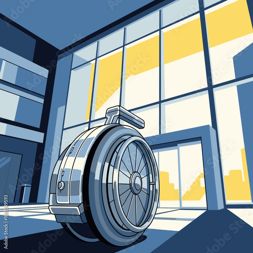 Futuristic wheelchair in modern building lobby with large windows and bright sunlight