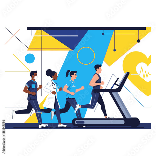 Diverse healthcare team and an individual exercising on a treadmill, representing integrated health, medical fitness programs, and active wellness journey.