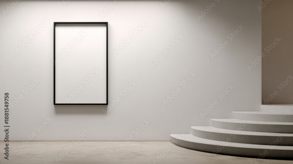 Obraz premium Blank Canvas and Architectural Grace: A minimalist composition featuring an empty framed art and the gentle curves of staircase in a serene ambiance.