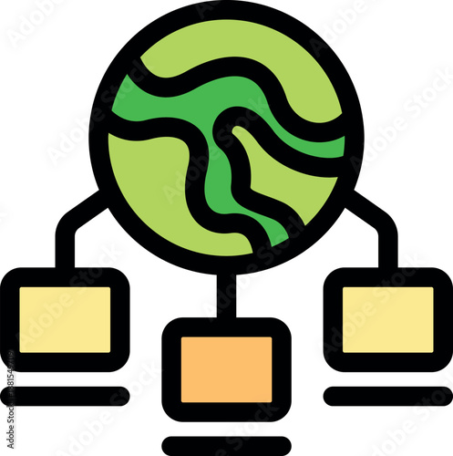 Green earth icon representing global network connecting multiple computers, symbolizing worldwide communication and data exchange