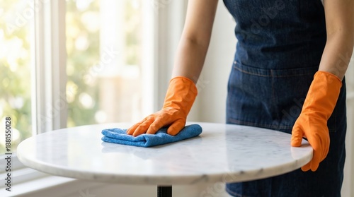Close-up of a Southeast Asian woman in a denim apron and orange rubber gloves cleaning a white marble bistro table with a blue microfiber cloth in a bright sunlit cafe