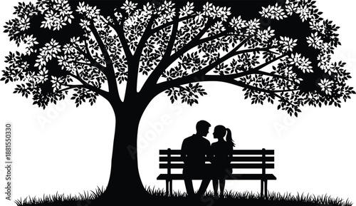 Romantic couple sitting together on park bench under blooming tree silhouette illustration love relationship nature vector black white art