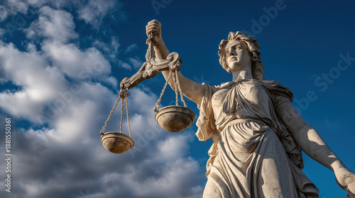 morality. A classical justice statue stands tall with balanced scales under a dramatic sky. event programs, museum guides, designed for cultural heritage projects and event programs.
