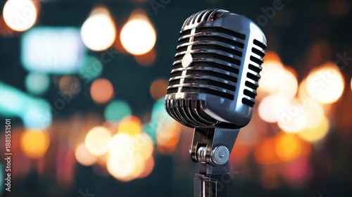 Retro microphone on stage with bokeh light; vintage mic closeup against a blurry glowing background for music performance and concert concepts