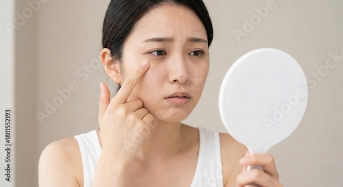Concerned Young East Asian Woman Looking in Mirror at Dark Circles Under Eyes, Tired Southeast Asian Girl with Exhaustion and Skin Care Problems Indoors, Concept of Sleep Deprivation and Fatigue