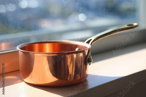 Elegant copper saucepan on a windowsill capturing natural light