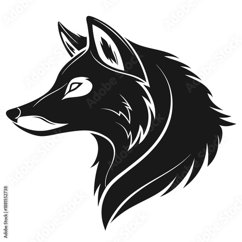 A striking black and white illustration of a fox head in profile showcasing its elegant silhouette