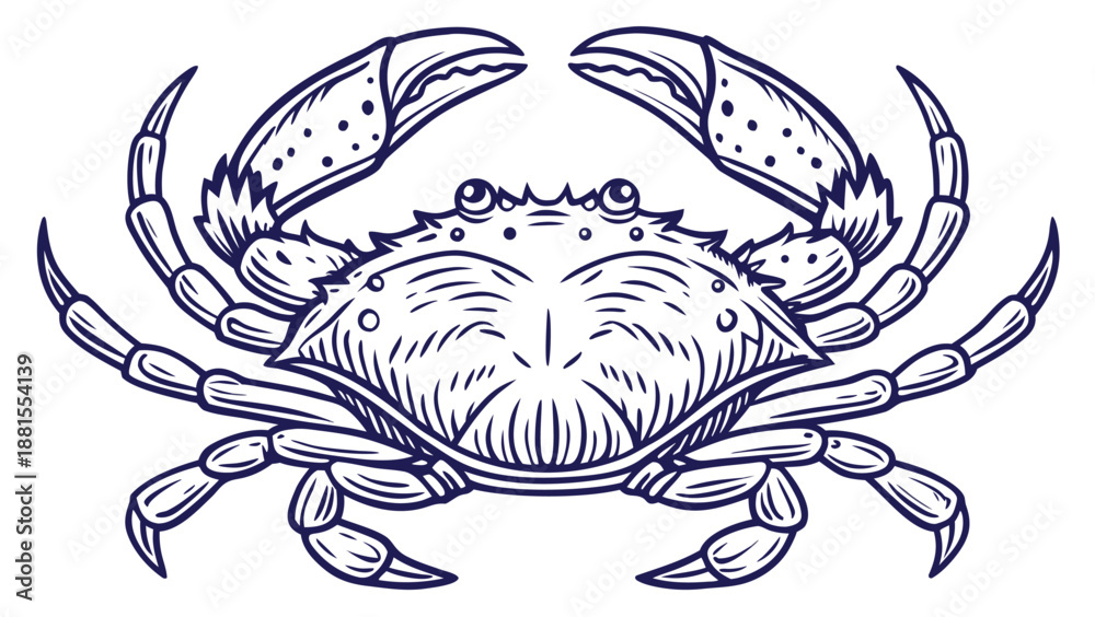 Fototapeta premium Detailed illustration of a blue crab with intricate linework showcasing its form and features silhouette
