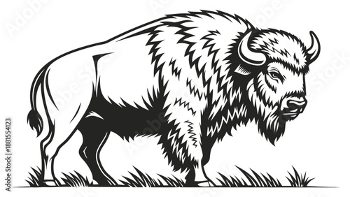 a black and white illustration of a bison standing in grass silhouette high quality professional detailed